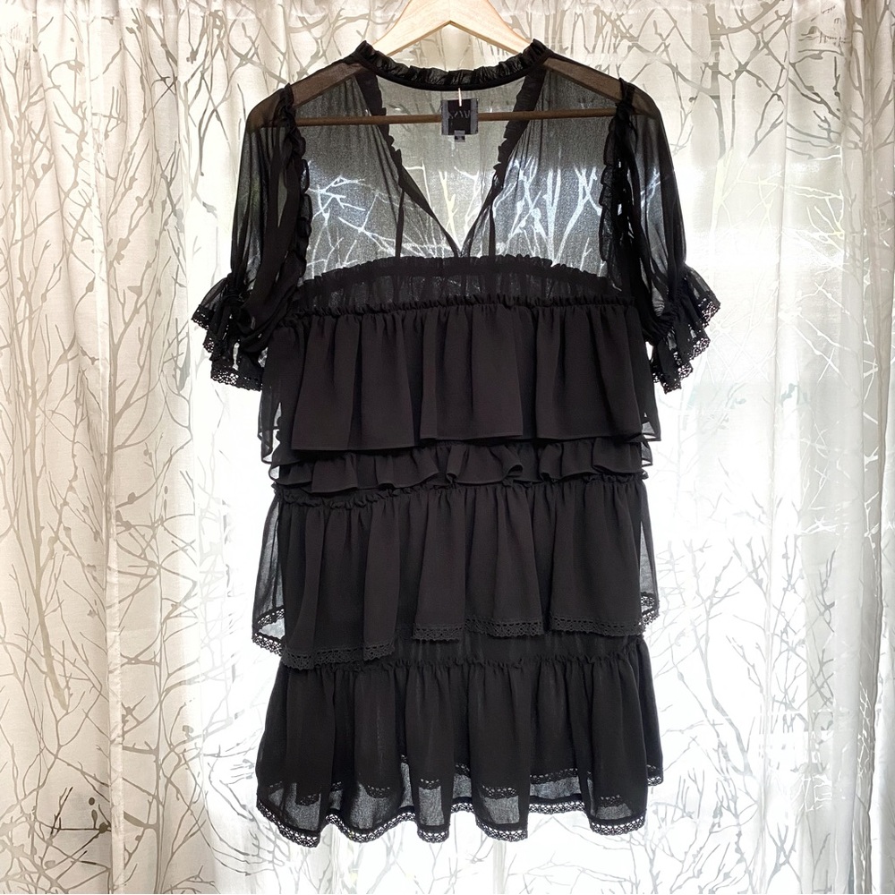 MISA Jazmine black tiered layered ruffle sheer short sleeve tassel neck dress - Picture 7 of 15